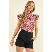 Women's Flutter Sleeve Floral Print Mock Neck Knit Blouse in Red