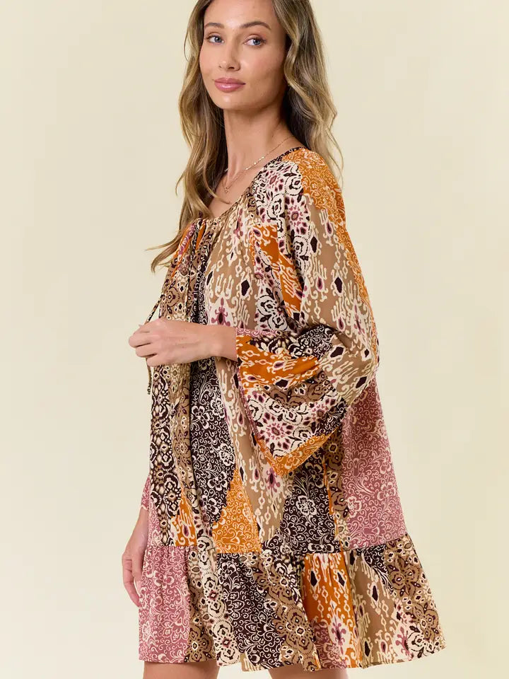 Women's L/S Boho Pattern Ruffled A-Line Mini Dress