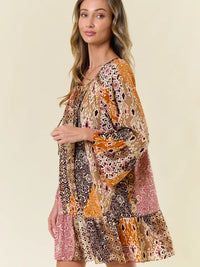 Women's L/S Boho Pattern Ruffled A-Line Mini Dress