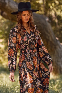 Women's L/S Floral Printed Midi Dress in Black (Available in Plus Sizes)
