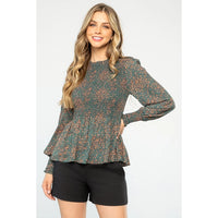 Women's L/S Smocked Floral Print Blouse in Teal