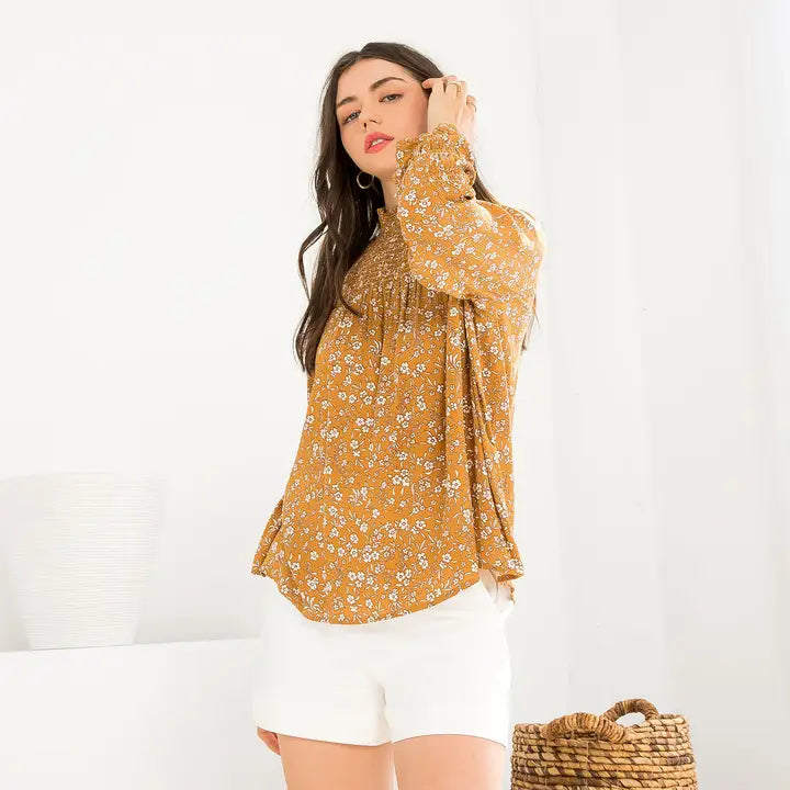Women's L/S Smocked Floral Print Blouse in Mustard