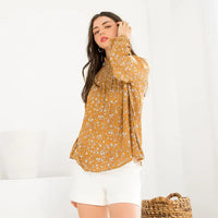 Women's L/S Smocked Floral Print Blouse in Mustard