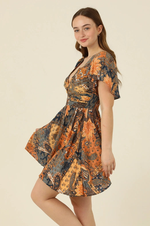 Women's Ruffle Sleeve Floral Twist Front Mini Dress in Sunset