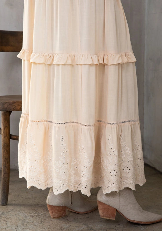 Women's Vintage Embroidered Ruffled Maxi Kimono in Natural