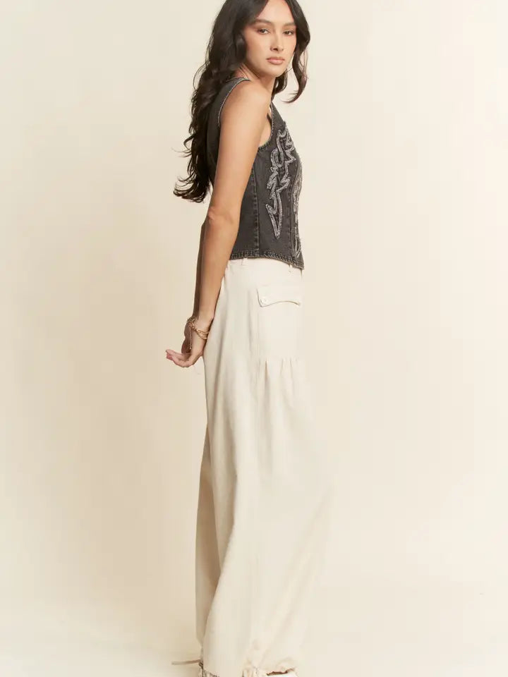 Women's Sleeveless Cropped Denim Corset Zip Front Top in Black (Available in Regular & Plus Sizes!)