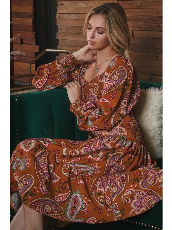 Women's L/S Paisley Print Smocked Midi Dress in Toffee (Available in Regular and Plus Sizes)