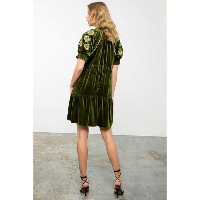 Women's S/S Floral Embroidered Sleeve Mini Velvet Dress (Available in Two Colors)