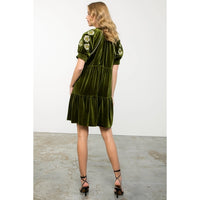 Women's S/S Floral Embroidered Sleeve Mini Velvet Dress (Available in Two Colors)