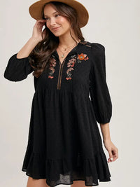 Women's 3/4 Sleeve Embroidered Ruffle Babydoll Dress in Black