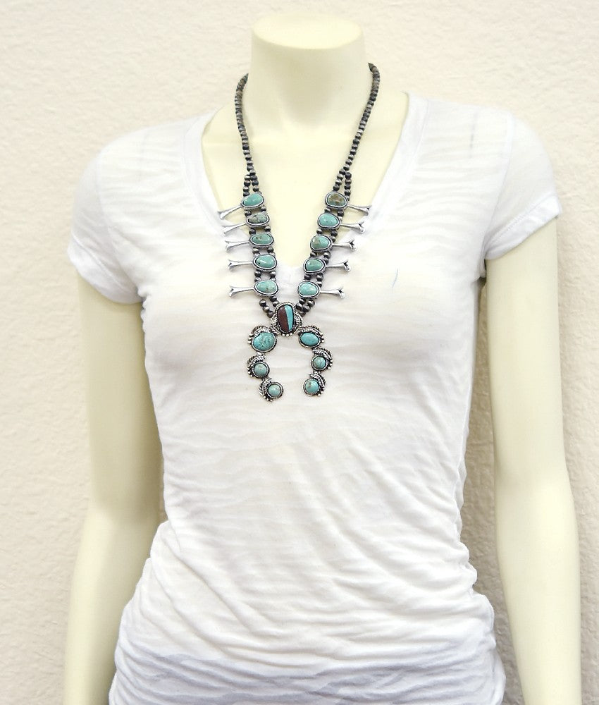 Natural Turquoise Squash Blossom Necklace