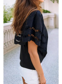 Women's S/S Eyelet Flowy Sleeve Blouse in Black