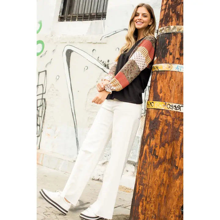 Women's L/S Multi Print Blocked Sleeve Knit Top in Black