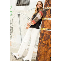 Women's L/S Multi Print Blocked Sleeve Knit Top in Black