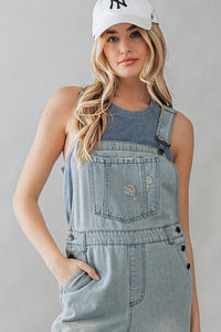 Women's Distressed Wide Leg Flare Denim Overalls in Light Wash