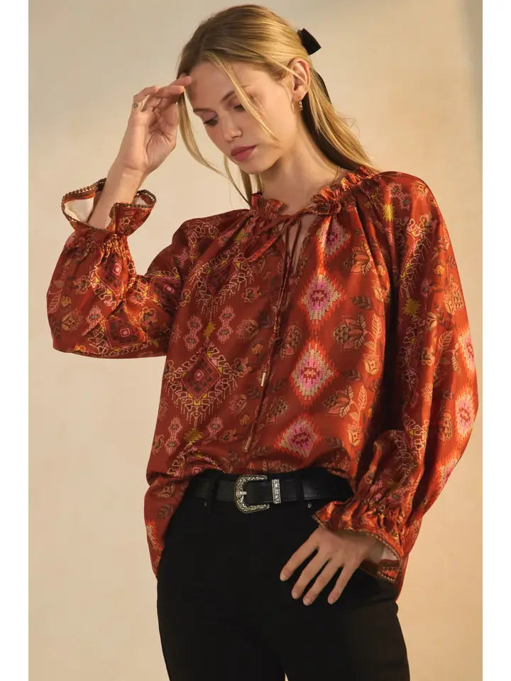 Women's L/S Satin Twill Aztec Print Blouse in Terracotta (Available in Regular and Plus Sizes)