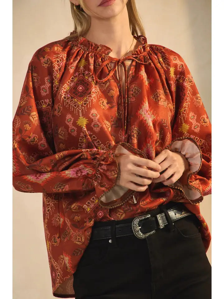 Women's L/S Satin Twill Aztec Print Blouse in Terracotta (Available in Regular and Plus Sizes)