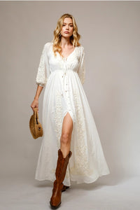 Women's 3/4 Sleeve Embroidered Maxi Dress in Off White