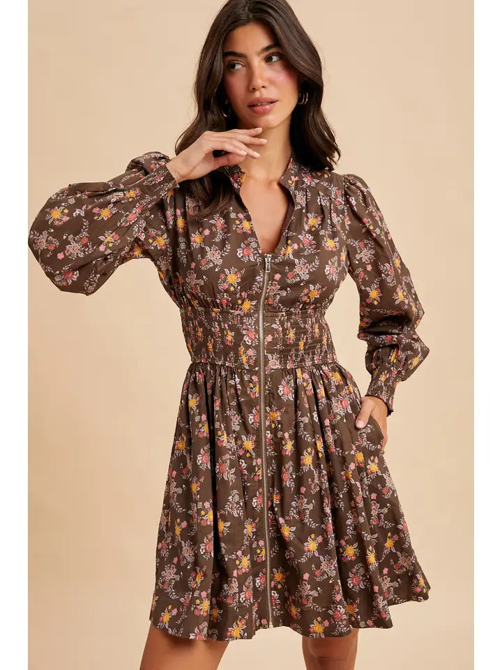 Women's L/S Floral Zip Front Mini Dress in Mocha Mousse