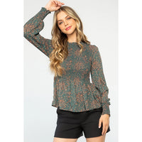 Women's L/S Smocked Floral Print Blouse in Teal
