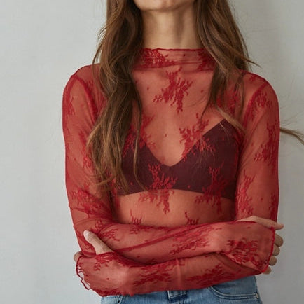 Women's L/S Sheer Floral Lace Mock Neck Mesh Top (Available in 2 Colors)