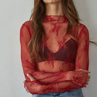 Women's L/S Sheer Floral Lace Mock Neck Mesh Top (Available in 2 Colors)