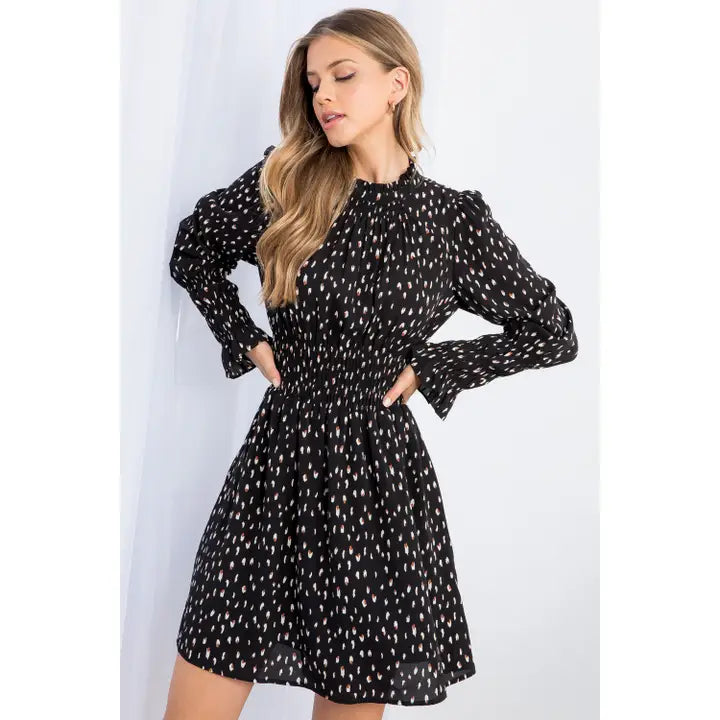 Women's L/S Dot Printed Smocked Waist Dress in Black