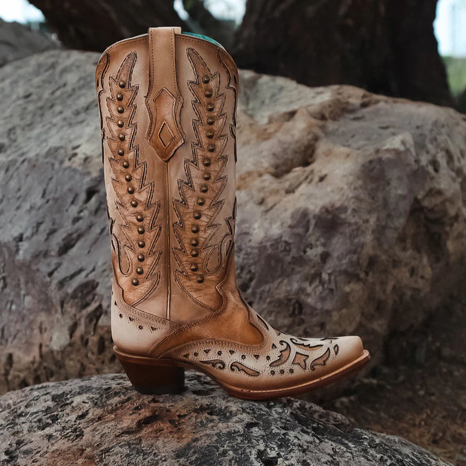 Corral Women's Embroidery Overlay and Stud Wing Tip Snip Toe Boot in Sand