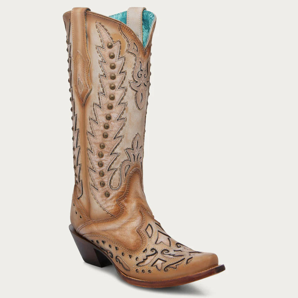 Corral Women's Embroidery Overlay and Stud Wing Tip Snip Toe Boot in Sand