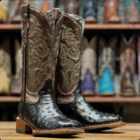 Tanner Mark Women's Black Embossed Ostrich Print Western Boot