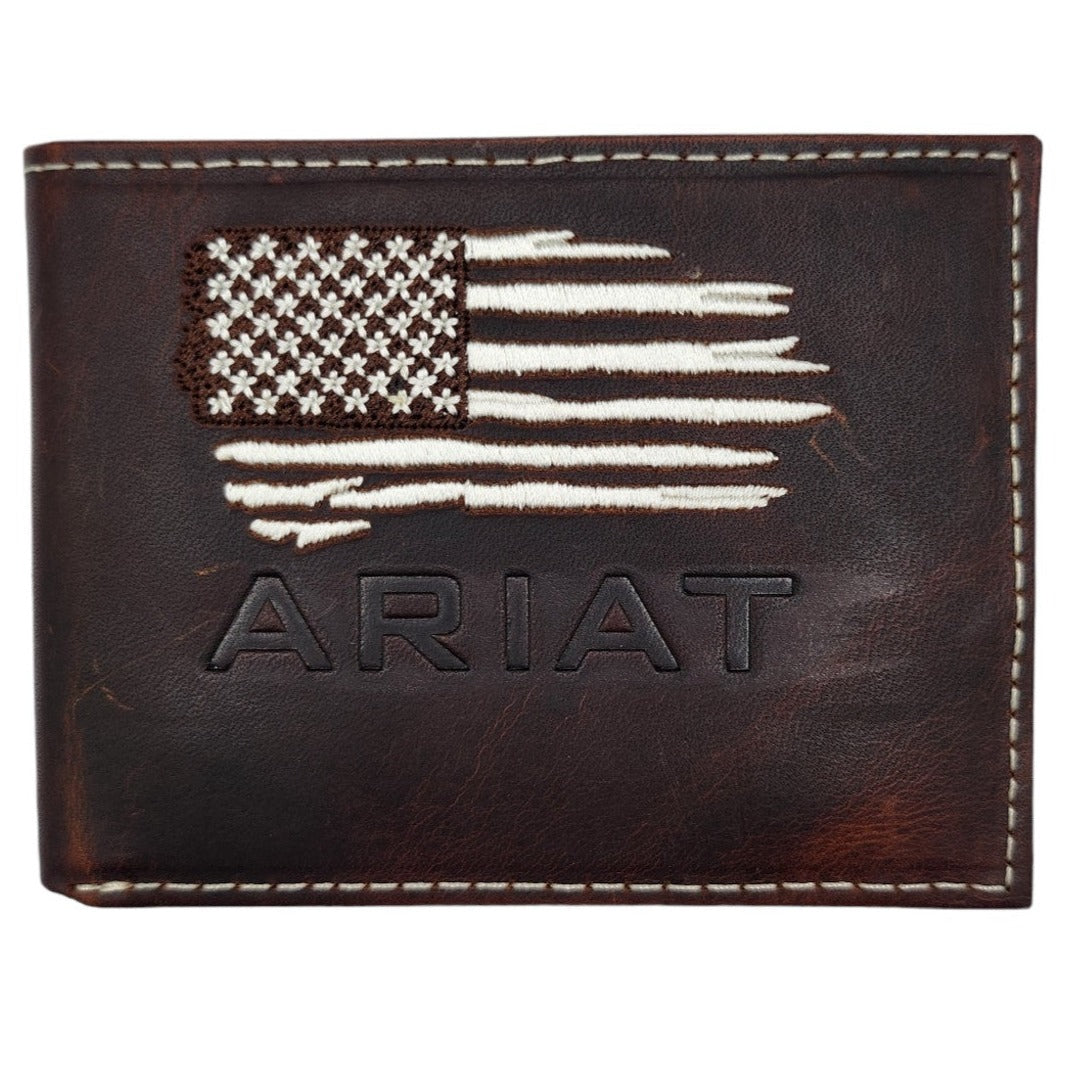 Ariat Men's Distressed Flag Embroidered Dark Brown Leather Bifold Passcase Wallet