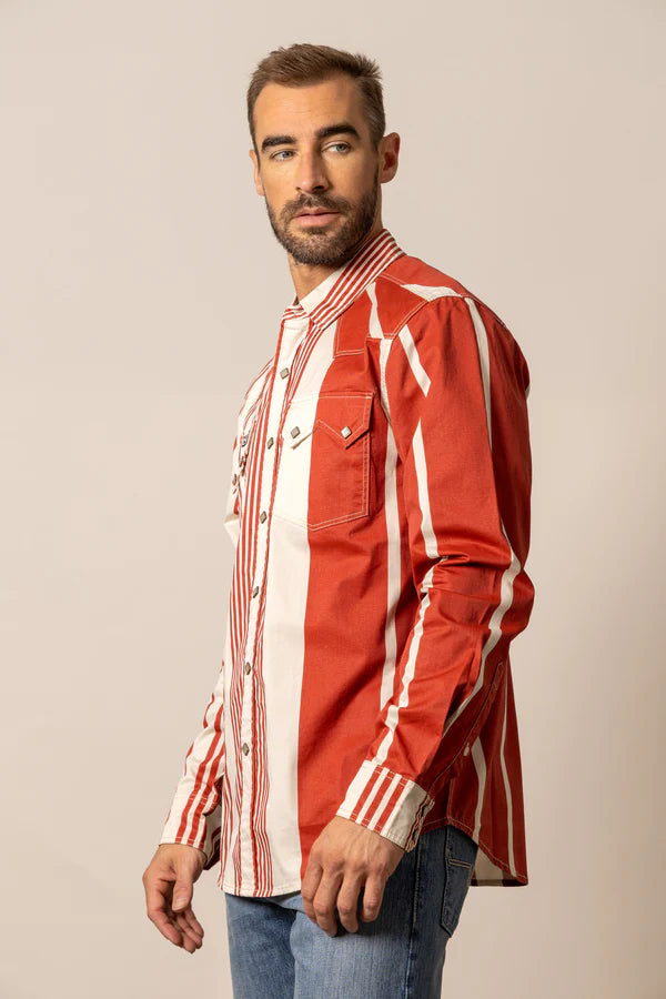Kimes Ranch Men's L/S Bandit Striped Western Snap Shirt in Brick Red