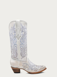 Corral Women's White Embroidery & Crystals Snip Toe Western Boot