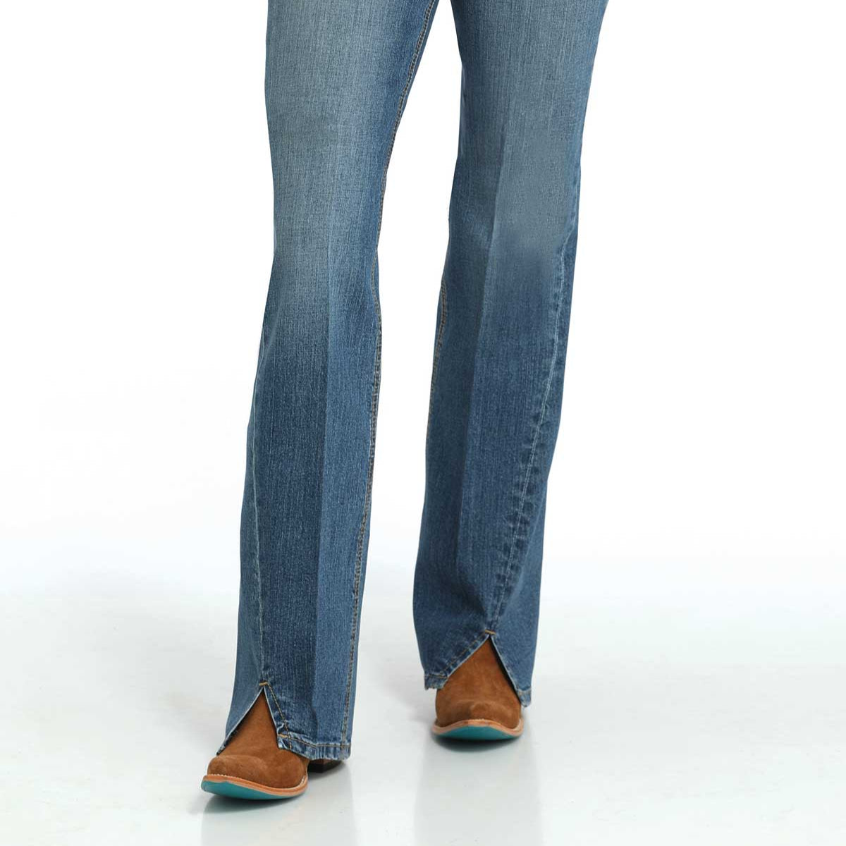 Cruel Women's Skylar High Rise Flare Jeans with Slit in Medium Stone Wash