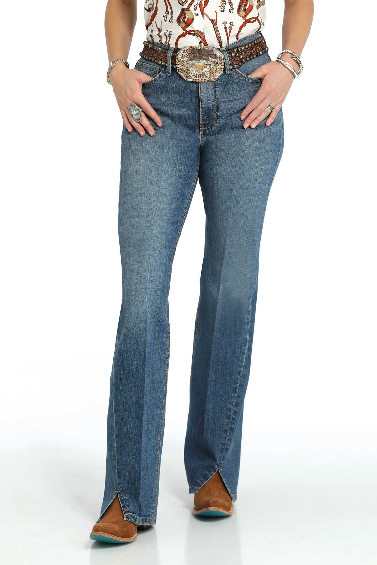 Cruel Women's Skylar High Rise Flare Jeans with Slit in Medium Stone Wash