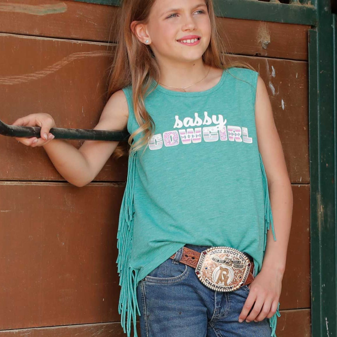Cruel Girl's Sassy Cowgirl Tank Top in Green