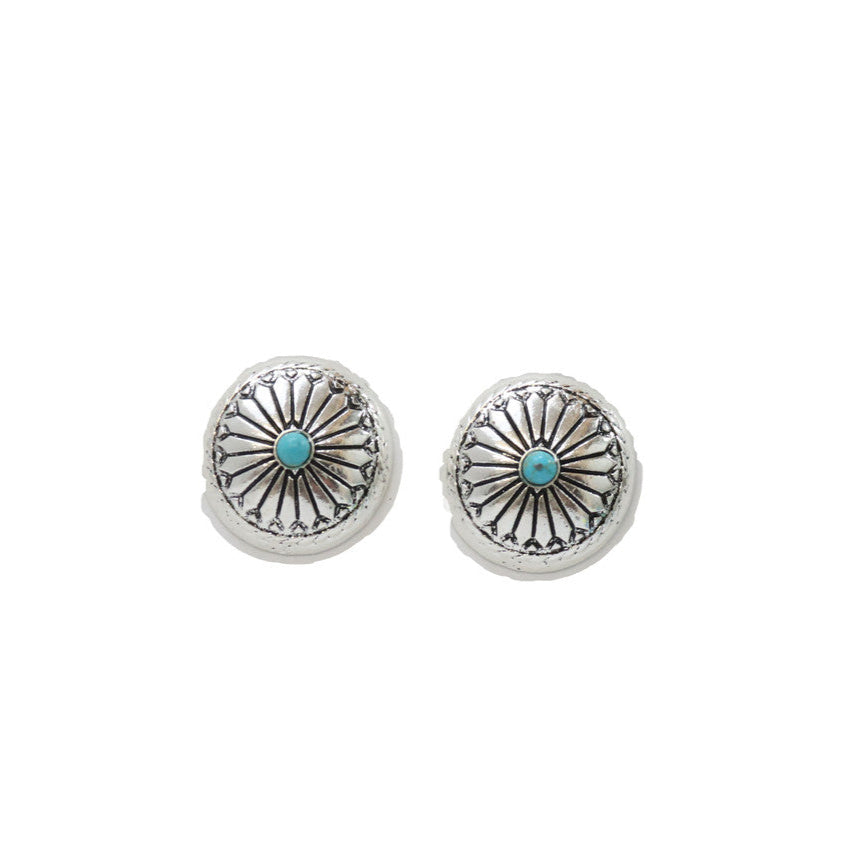 West & Co. Burnished Silver Floral Stamped Turquoise Concho Post Earrings