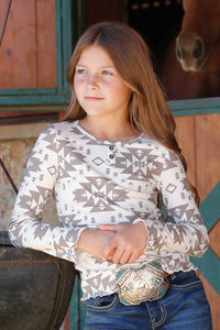 Cruel Girl's Youth L/S Henley Aztec Print Blouse in Cream