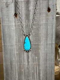 Navajo Handmade Sterling Silver Large Teardrop Kingman Turquoise Stone Necklace