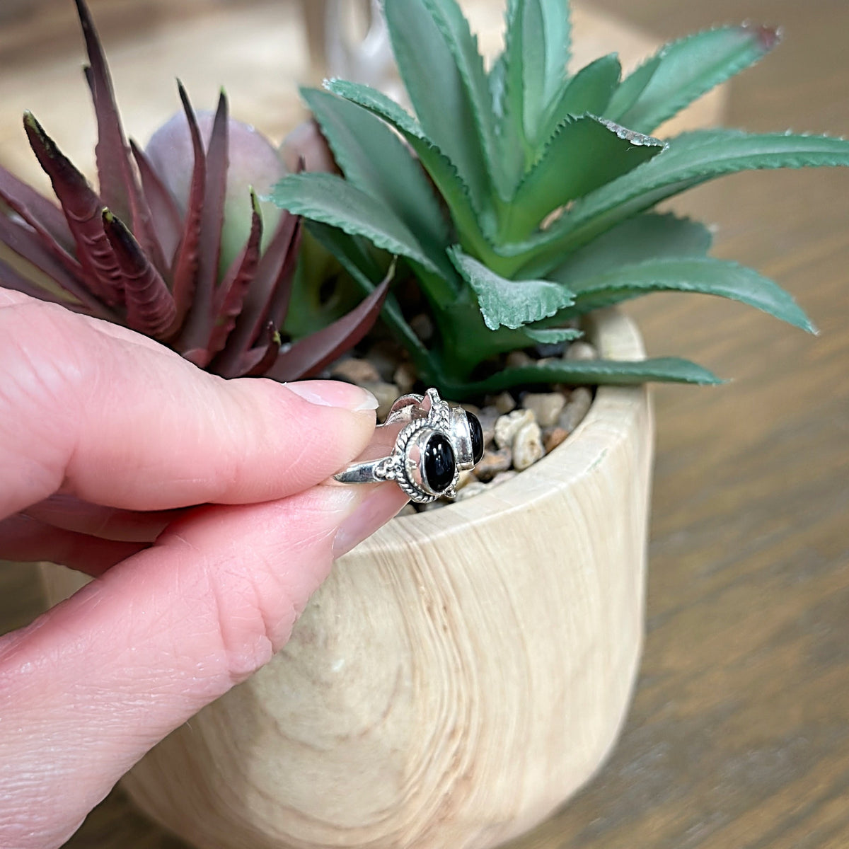 Handmade Sterling Silver Triple Black Onyx Ring (Size 6)