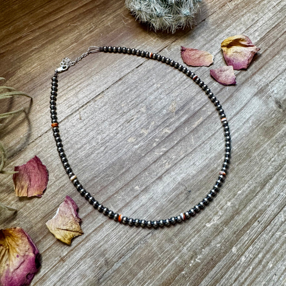 14" Sterling Silver Pearl and Red Spiny Oyster Choker