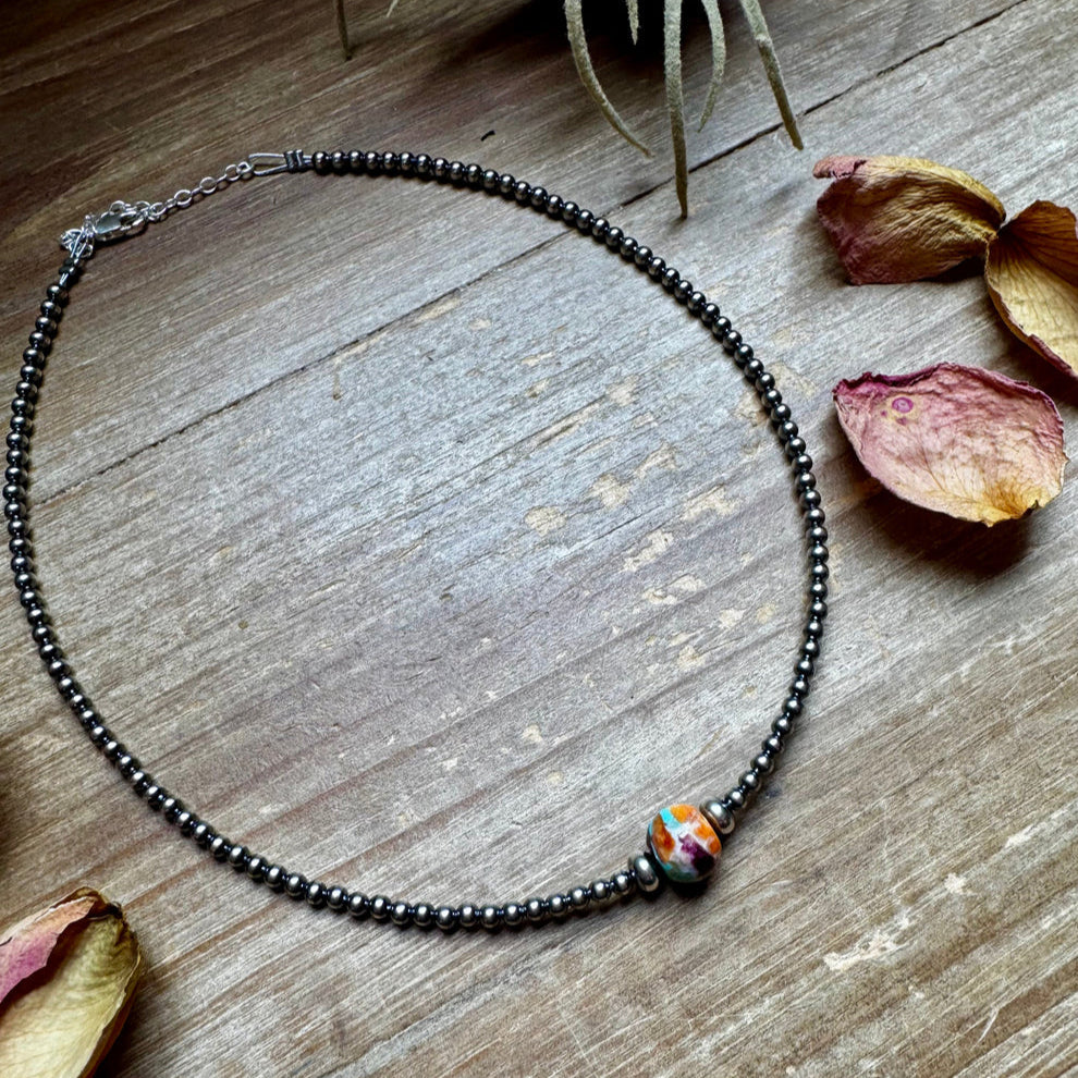 14" Sterling Silver Pearl and Mohave Choker