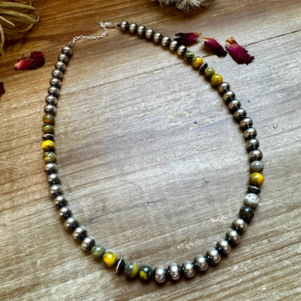 18" 8mm Sterling Silver Pearls with Bumblebee Jasper Necklace