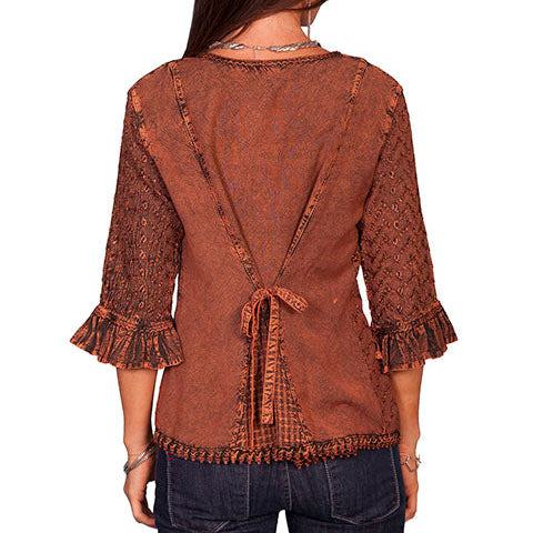 Scully Women's 3/4 Sleeve Embroidered Blouse in Copper
