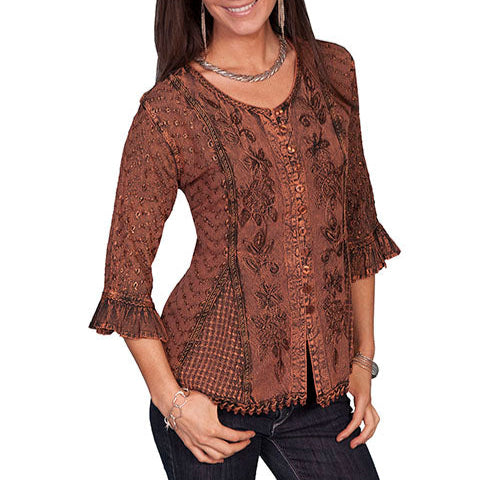 Scully Women's 3/4 Sleeve Embroidered Blouse in Copper