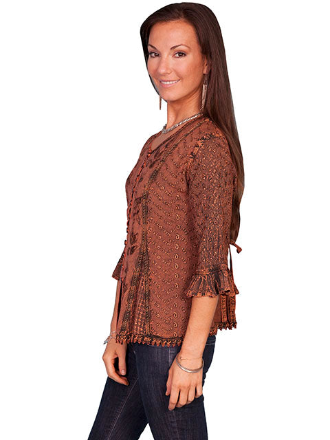Scully Women's 3/4 Sleeve Embroidered Blouse in Copper