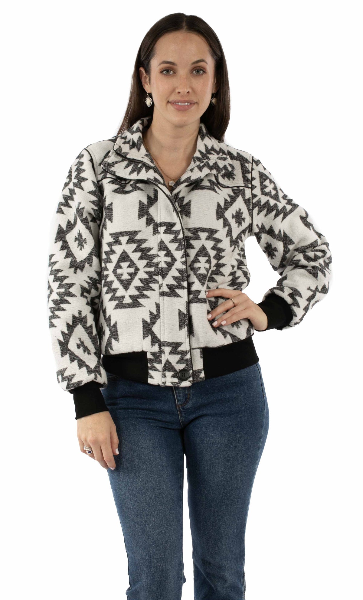 Scully Honey Creek Women's Southwest Baseball Jacket in Black & White