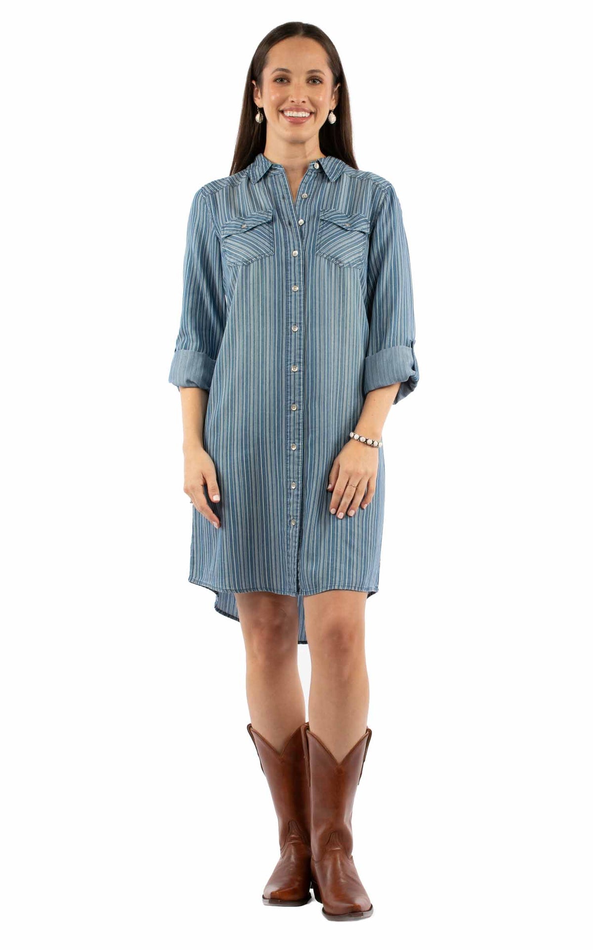 Scully Honey Creek Women's L/S Railstripe Knee Length Dress in Blue