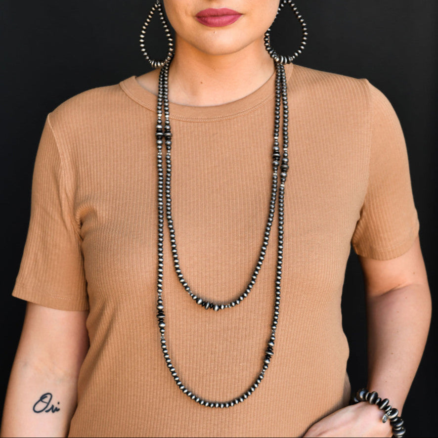 West & Co. 66" Silver Navajo Inspired Pearl Beaded Necklace