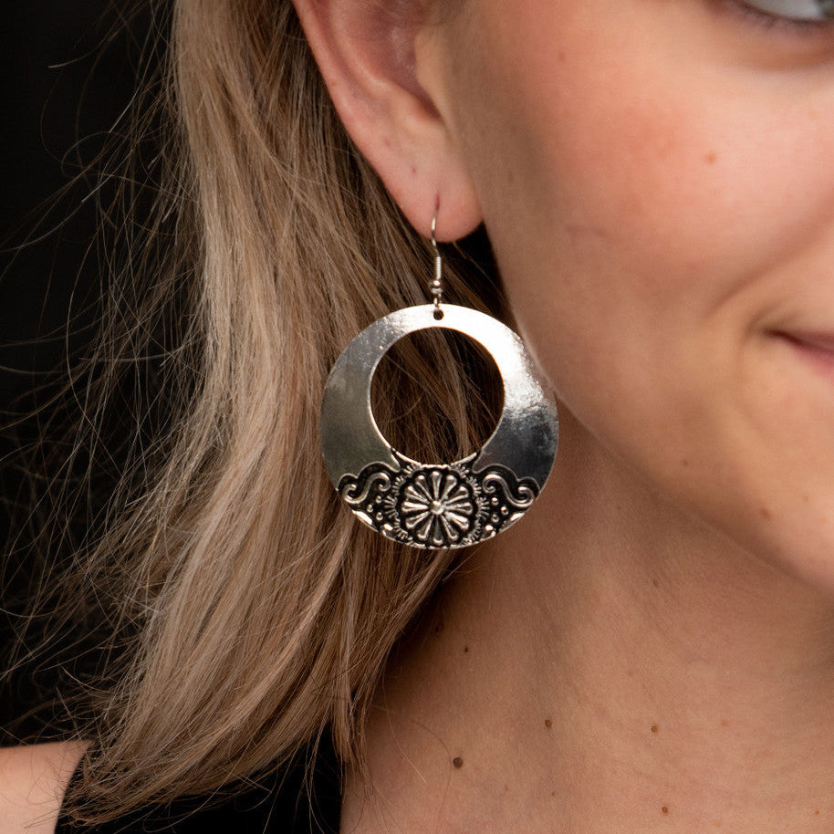 West & Co. Silver Floral Stamped Round Fish Hook Earrings